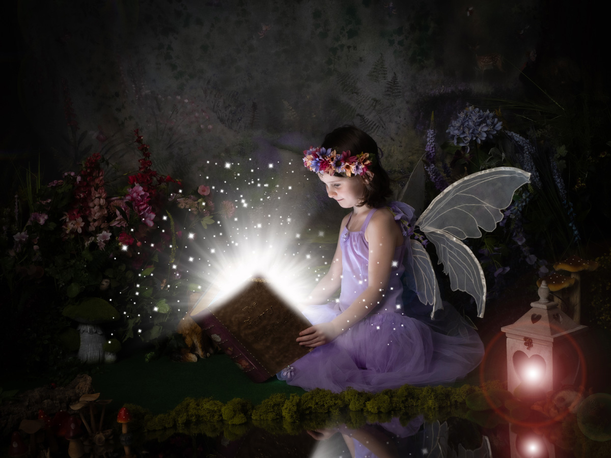 A fairy in purple reads a glowing book
